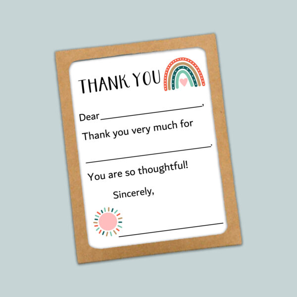 Boho Rainbow Thank You Cards for Kids | Fill-in-the-Blank Notes