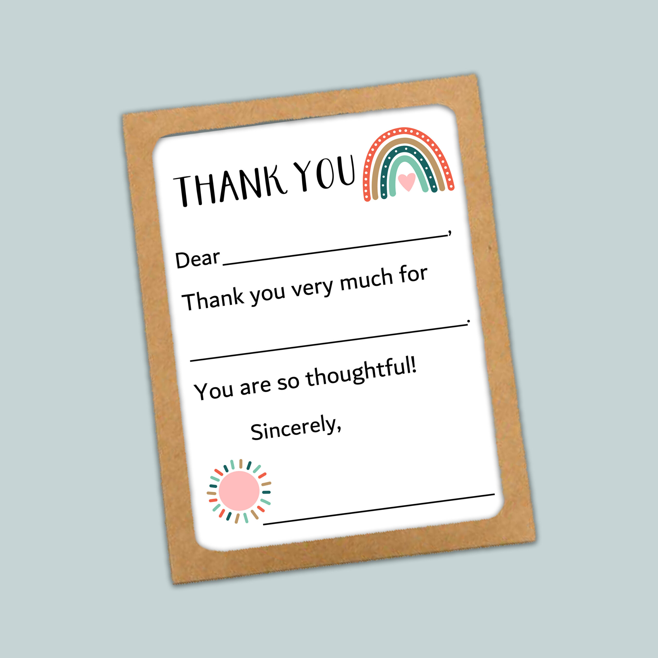 boho rainbow and sun thank you card for kids