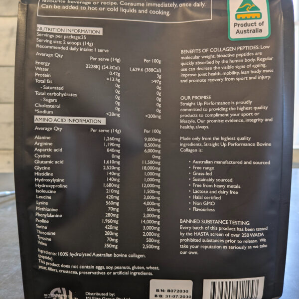 Straight Up Performance Australian Grass Fed Bovine Collagen Peptides – 500 grams