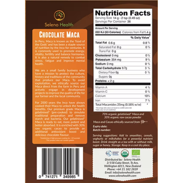 Seleno Health Organic Activated Chocolate Maca Powder – 500 grams