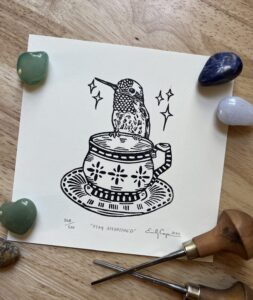 “Stay Astonished” original linoleum block print - signed edition - cozy hummingbird linocut