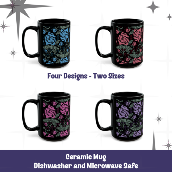 Black Ceramic Mug. Roses, Hearts, & Activism – Adult Language