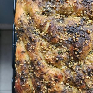 Delicious Syrian Zaa'tar focaccia bread with pomegranate molasses drizzle - 1 tray = 12 servings