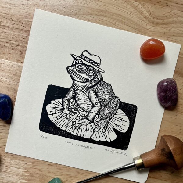 “Stay Authentic” signed edition linocut – whimsical frog print