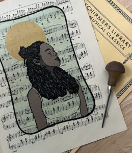 “Let the music move you” limited edition reduction linoleum block print - music sheet art