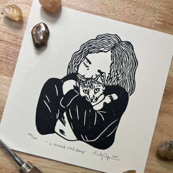 “A trusted confidant” limited edition linoleum block print – cat lover print