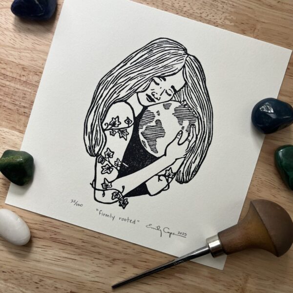 “Firmly rooted” limited edition linoleum block print- earth lover art, grounded print