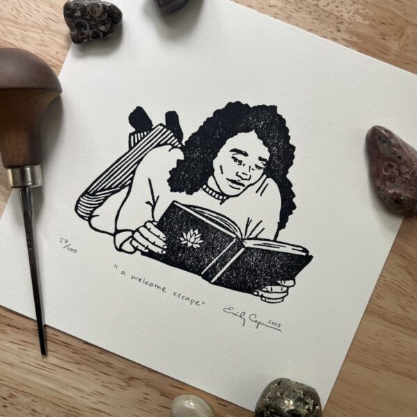 “A welcome escape” limited edition linoleum block print – book lovers print, bookish linocut