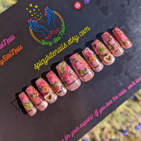 Garden Party – Pink Cat Eye Rose and Pearl Chrome Valentines Day Press-On Nail Extensions 10pcs