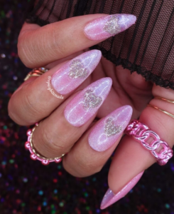 Sugar Rush - Pink and Silver Cat-Eye Heart Press-On Nail Extensions 10pcs