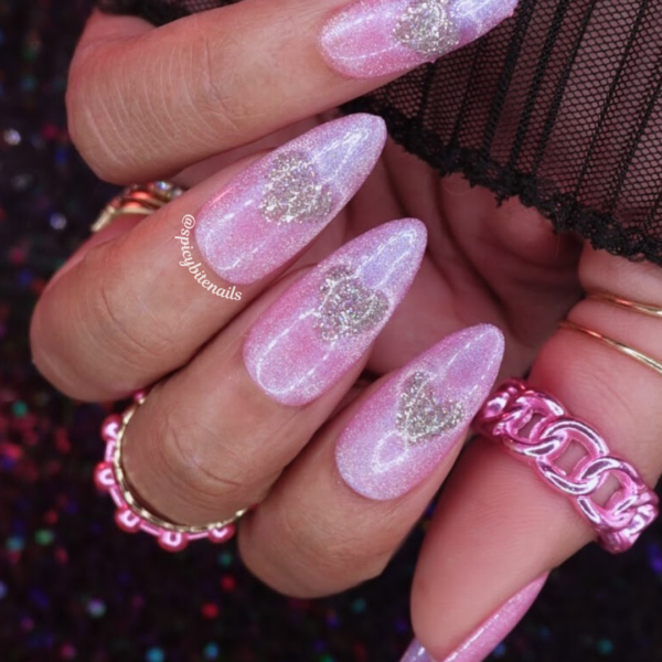 Sugar Rush – Pink and Silver Cat-Eye Heart Press-On Nail Extensions 10pcs