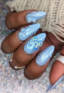 The Blue Pearl - Blue and White Chrome Pearl Coquette False Press-On Nail Extensions 10pcs