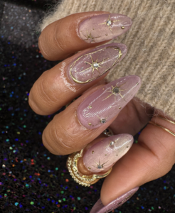 Celestial Blush - Mauve Pink Cat-Eye Gold Chrome Star Press-On Nail Extensions 10pcs