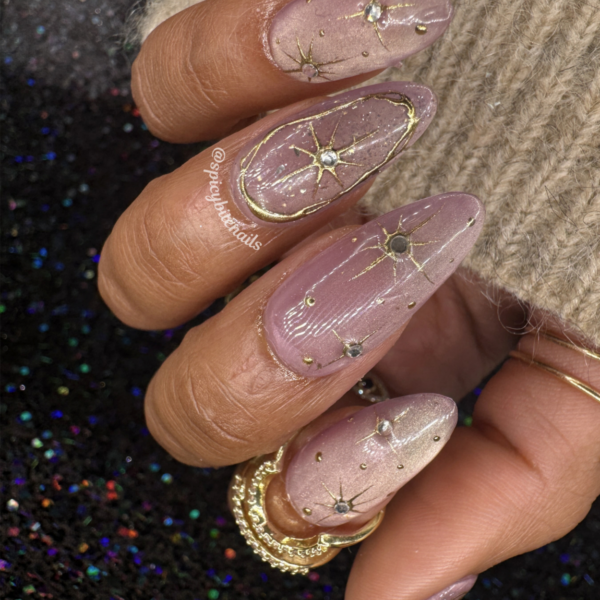 Celestial Blush – Mauve Pink Cat-Eye Gold Chrome Star Press-On Nail Extensions 10pcs