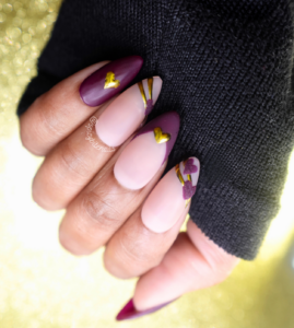 Cherry Love - Cherry Mocha Maroon and Gold Heart Chrome False Press-On Nail Extensions 10pcs