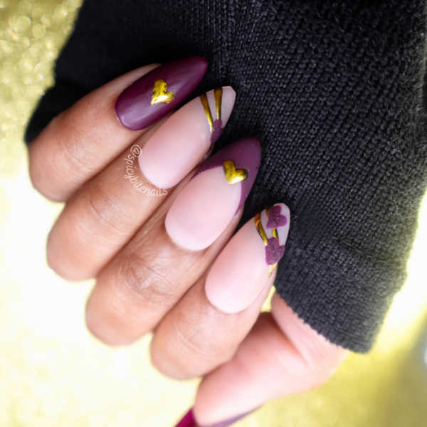 Cherry Love – Cherry Mocha Maroon and Gold Heart Chrome False Press-On Nail Extensions 10pcs