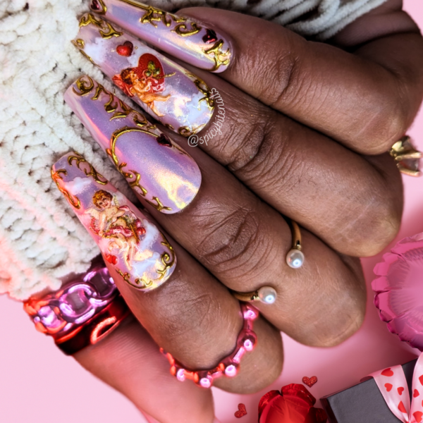 Cupid’s Arrow – Pink Aurora Chrome Baroque Cupid Valentine’s Day False Press-On Nail Extensions 10pcs