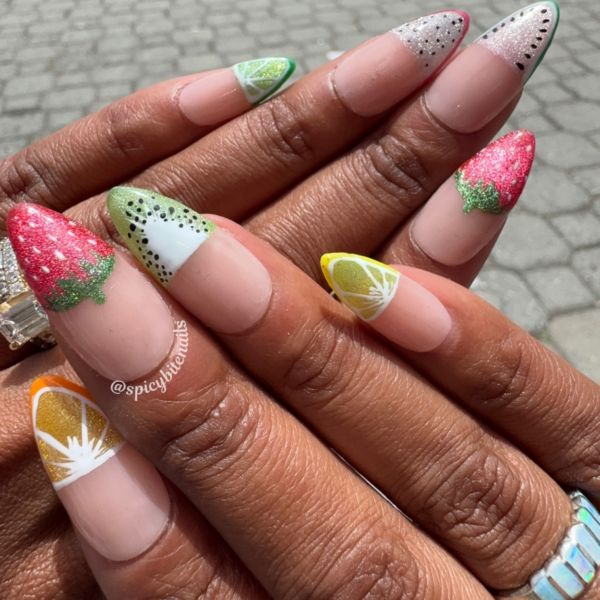 Fruity Phalanges – Fruit Themed Cat-Eye Half French Tip Press-On Nail Extensions 10pcs