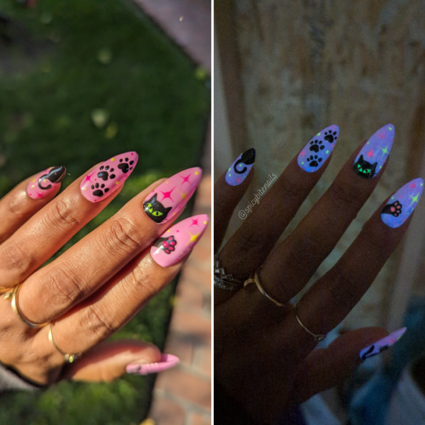 Kitty and the Moonlight – Glow in the Dark Color Changing Pink Cat False Press-On Nail Extensions 10pcs