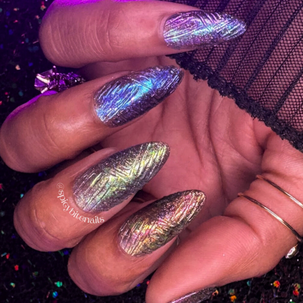 Lunar Static – Sheer Black Rainbow Holographic and 3D Textured Press-On Nail Extensions 10pcs