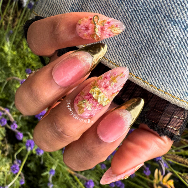 Rosé and Velvet – Pink Rose and Gold Chrome Cat-Eye French Tips False Press-On Nail Extensions 10pcs