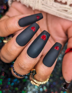 Window to My Heart - Black Matte Red Heart Cut-out Medium Coffin False Press-On Nail Extensions 10pcs