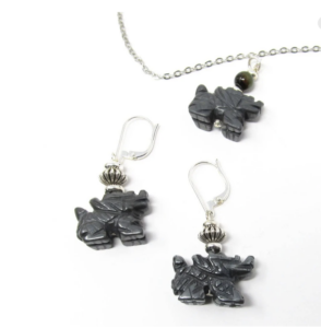 Carved hematite dragon jewelry set, earring and necklace set