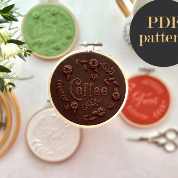 Coffee monochrome embroidery // PDF Pattern Download 4″ Hoop