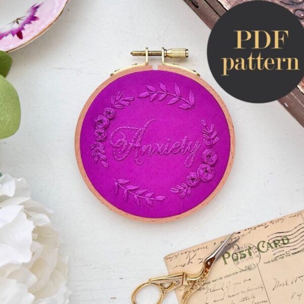 Anxiety monochrome embroidery // PDF Pattern Download 4″ Hoop