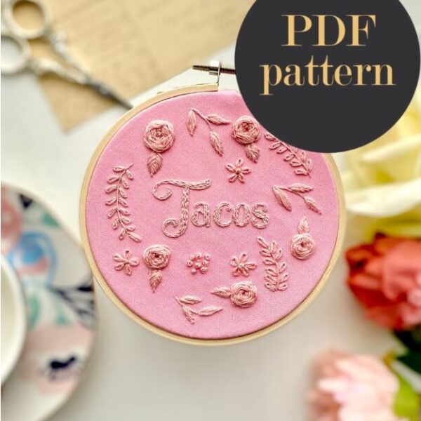 Tacos monochrome embroidery // PDF Pattern Download 4″ Hoop