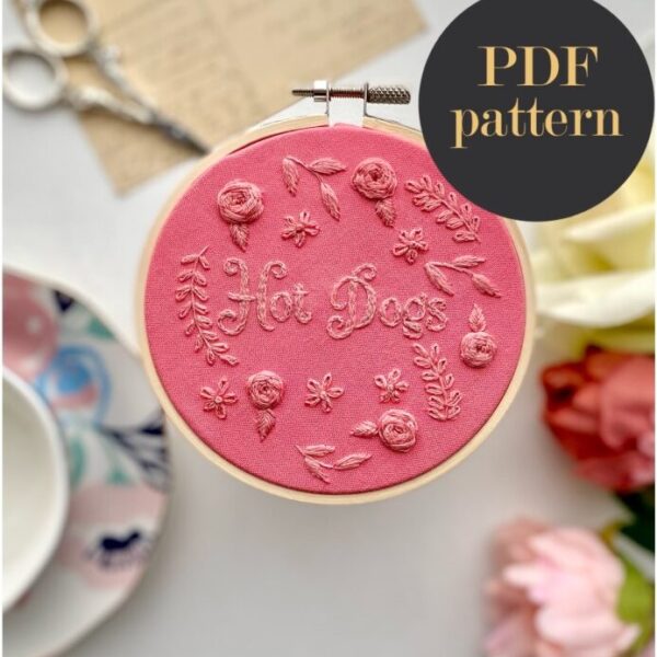 Hot dogs monochrome embroidery // PDF Pattern Download 4″ Hoop