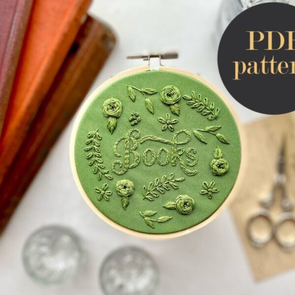 Books monochrome embroidery // PDF Pattern Download 4″ Hoop
