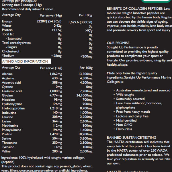 Straight Up Performance Wild Caught Marine Collagen Peptides – 500 grams