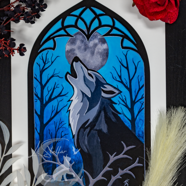 Wolf Howling at the Moon Original Hand-Painted Acrylic Art: Dark Fantasy Animal Decor Painting