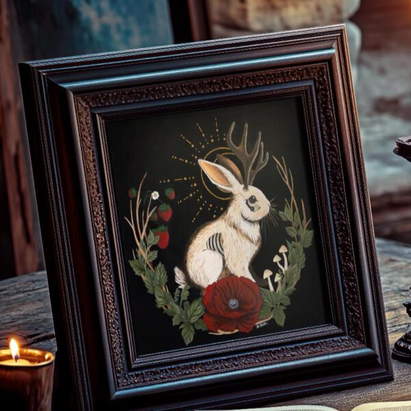 Jackalope Hand-painted Art Print: Gothic Cryptid Rabbit, Dark Cottagecore Decor