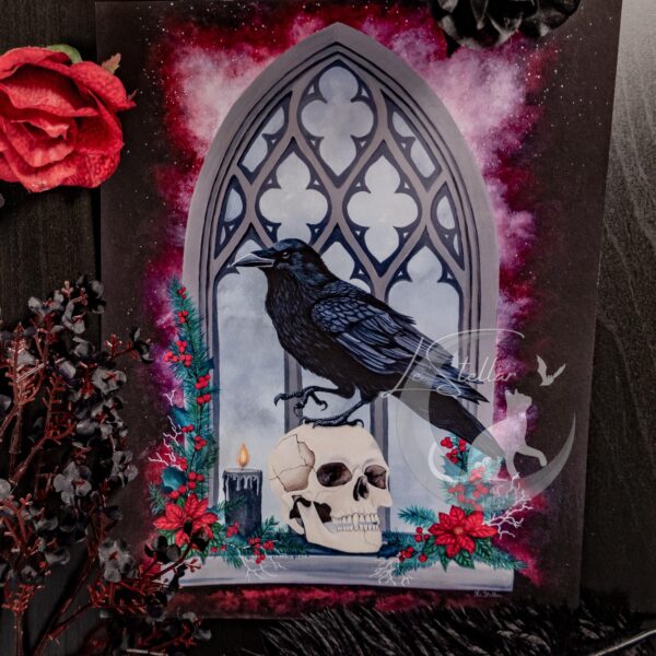 Gothic Raven Skull Painting: Dark Fantasy Print, Original Hand-Painted Art