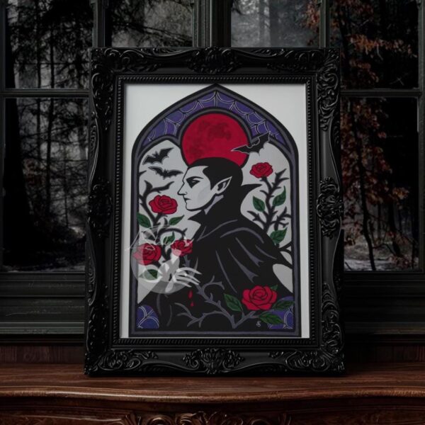 Vampire and Roses Stained Glass Motif Acrylic Hand-Painted Print: Dark Fantasy Cozy Goth Decor