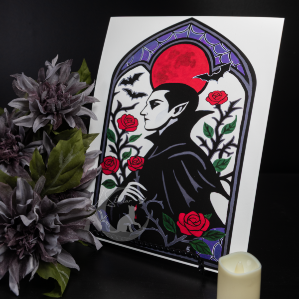 Vampire and Roses Stained Glass Motif Acrylic Hand-Painted Print: Dark Fantasy Cozy Goth Decor