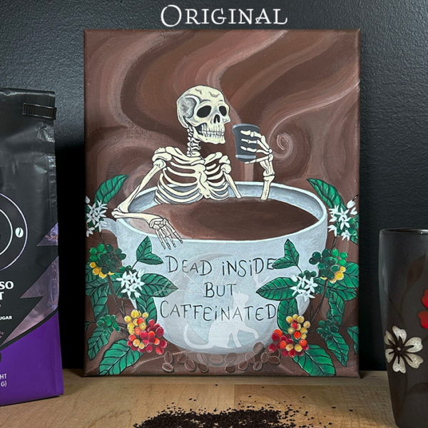 Spooky Coffee Bar Decor, Skeleton Artwork, Gothic Painting, Coffee Mug Print, Halloween